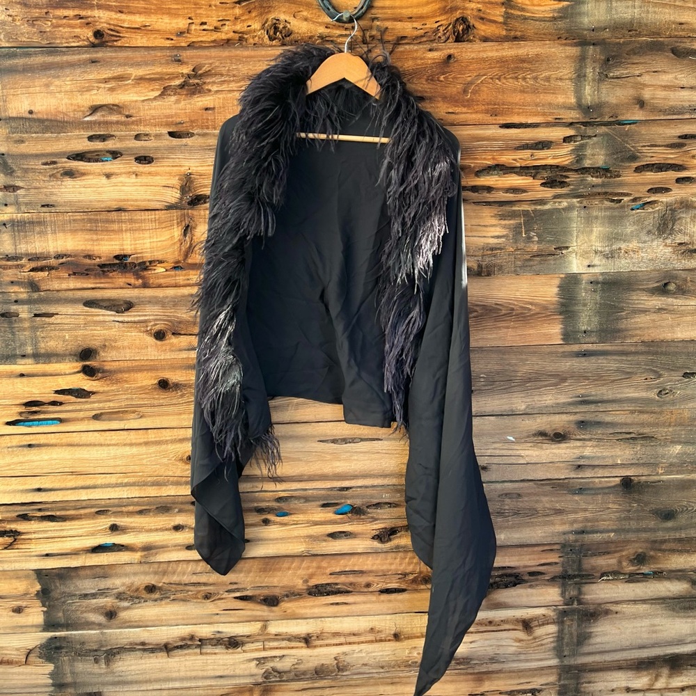 UNBRANDED | Black Shawl with Feather Trim